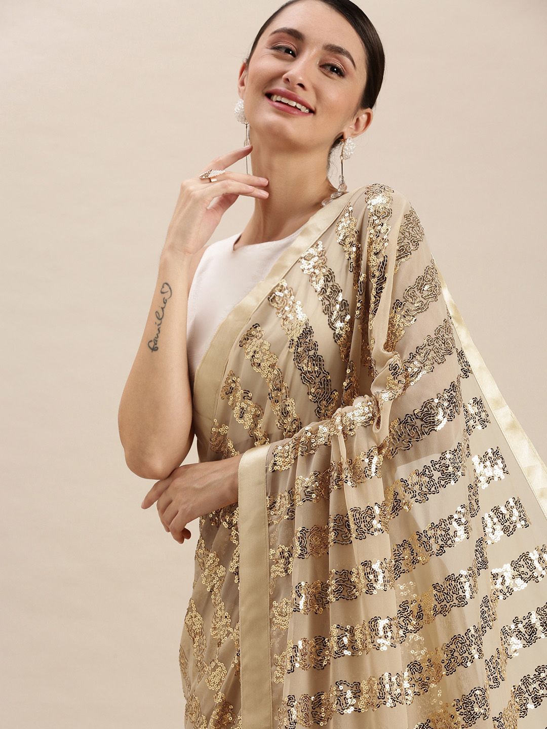 VASTRANAND Cream-Coloured Embellished Sequinned Saree Price in India