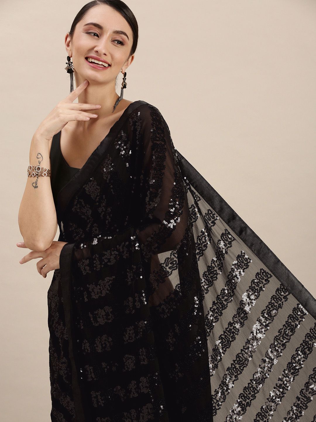 VASTRANAND Black Embellished Sequinned Saree Price in India