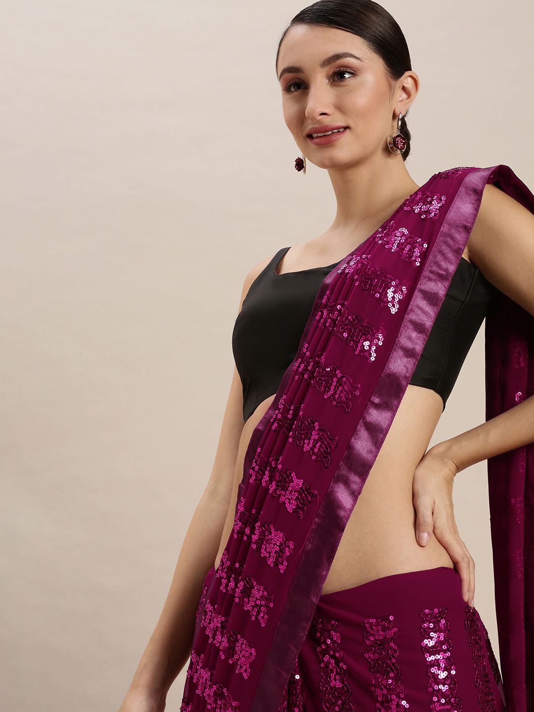 VASTRANAND Burgundy Embellished Sequinned Saree Price in India