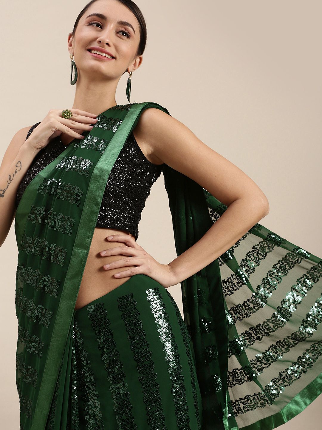 VASTRANAND Green Embellished Sequinned Saree Price in India