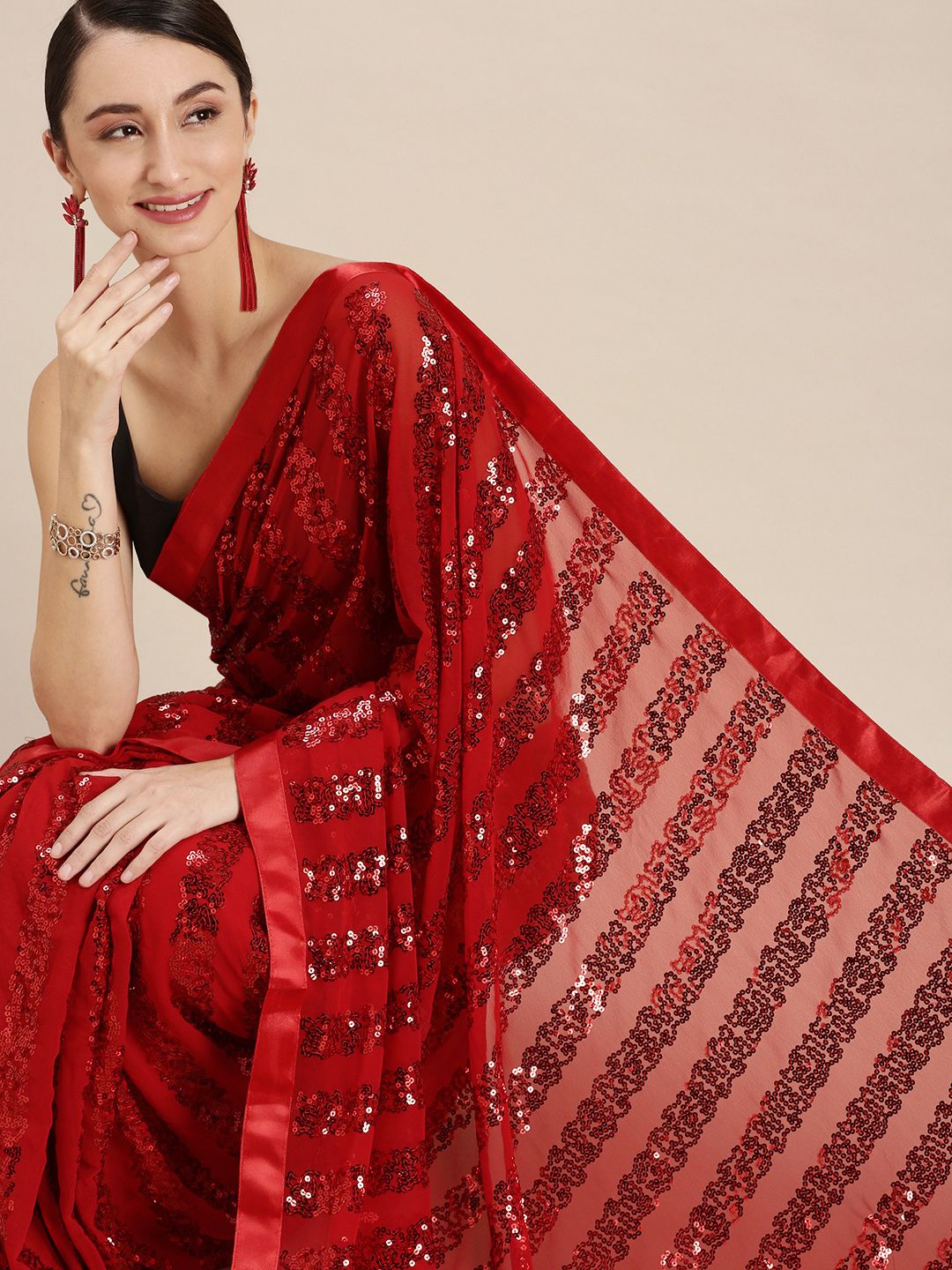 VASTRANAND Red Embellished Sequinned Saree Price in India