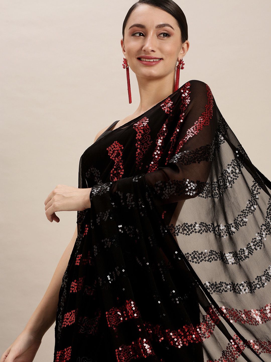 VASTRANAND Red & Black Embellished Sequinned Saree Price in India