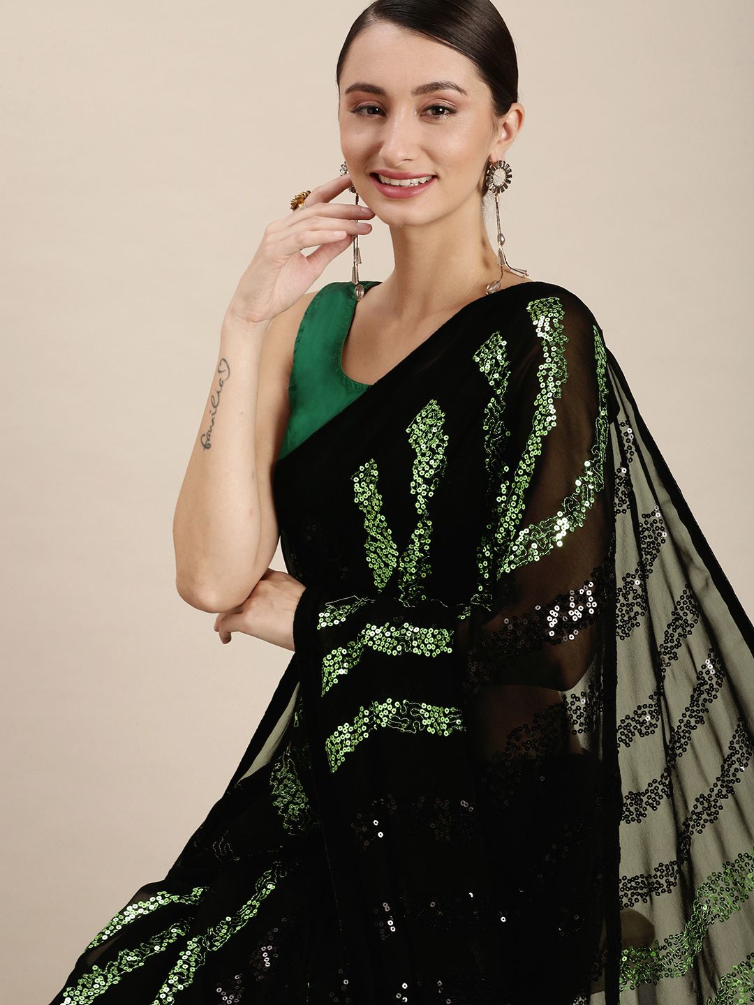 VASTRANAND Green & Black Embellished Sequinned Saree Price in India
