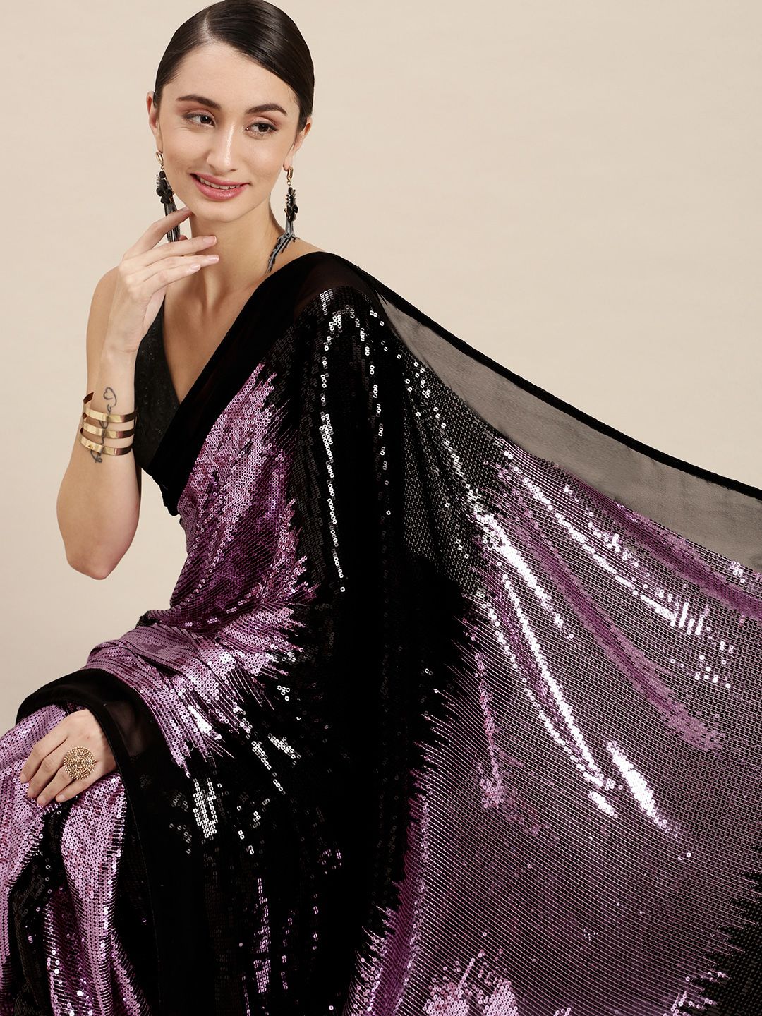 VASTRANAND Pink & Black Embellished Sequinned Saree Price in India