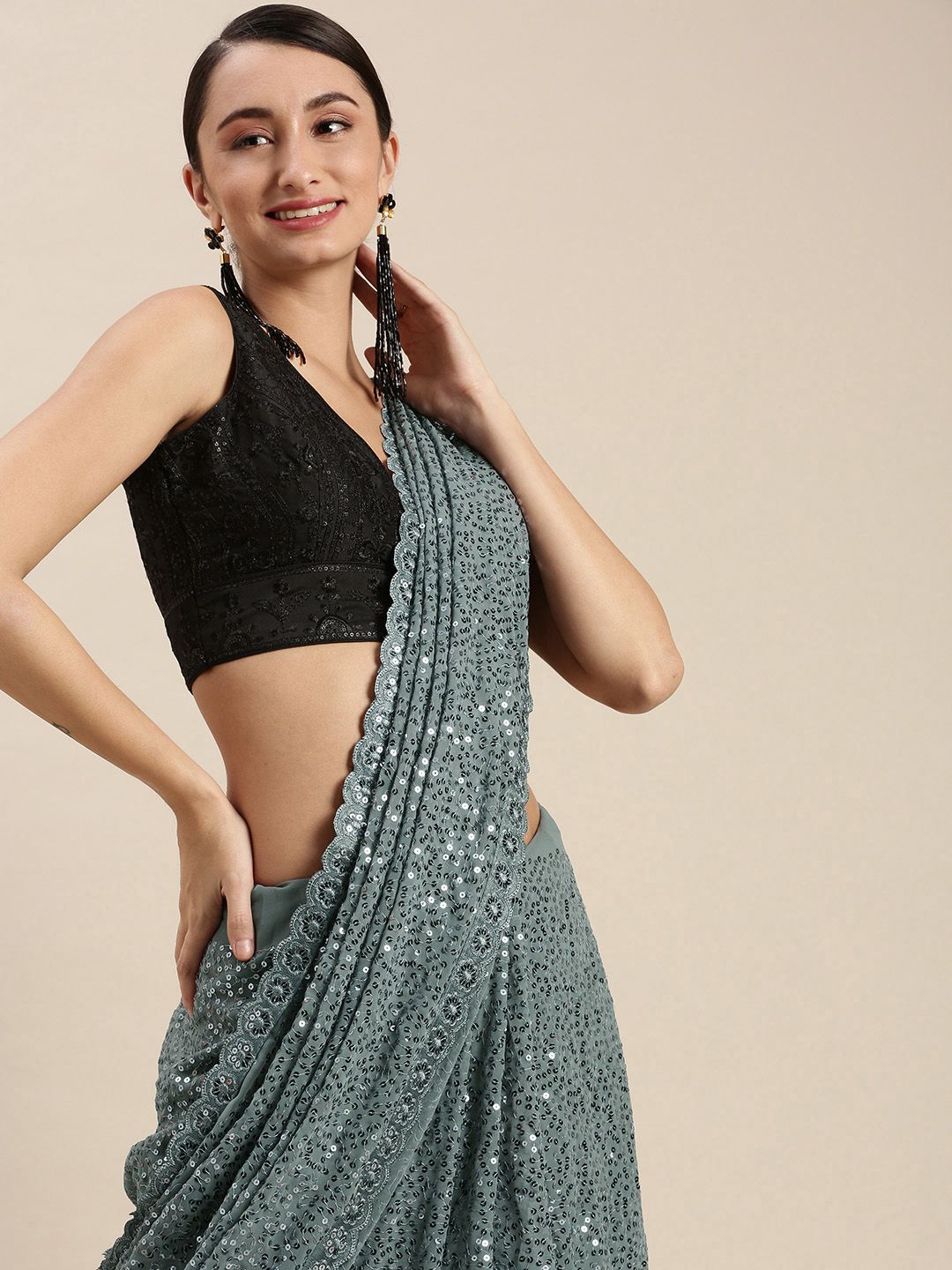 VASTRANAND Grey Embellished Sequinned Saree Price in India