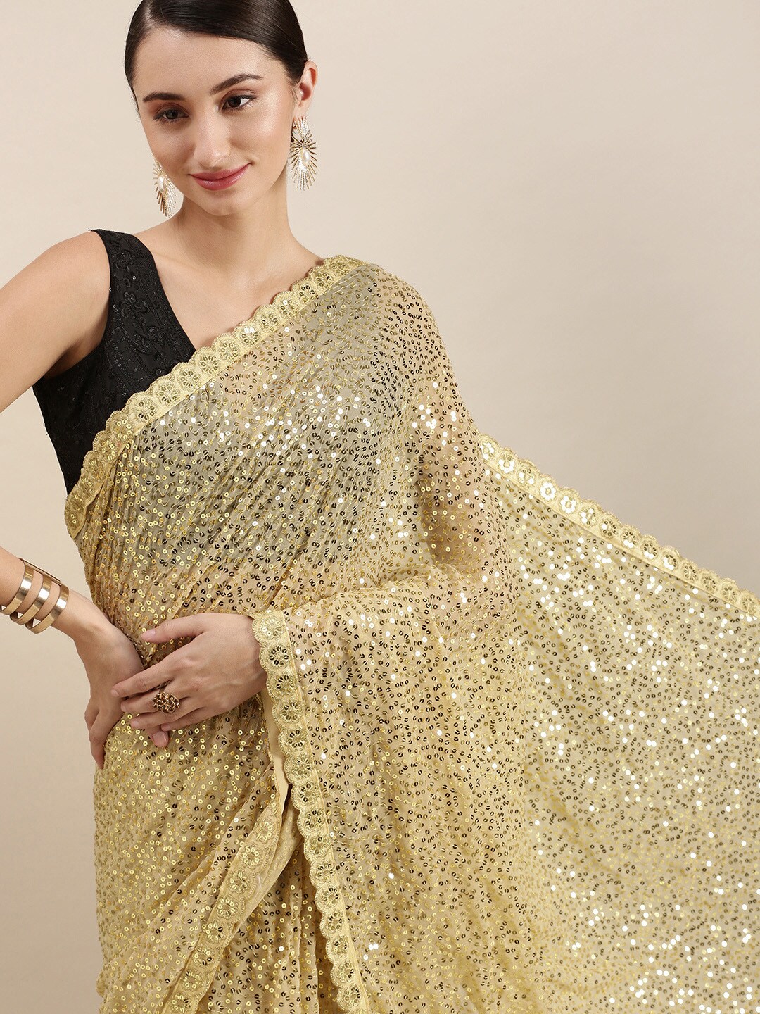 VASTRANAND Beige Embellished Sequinned Saree Price in India