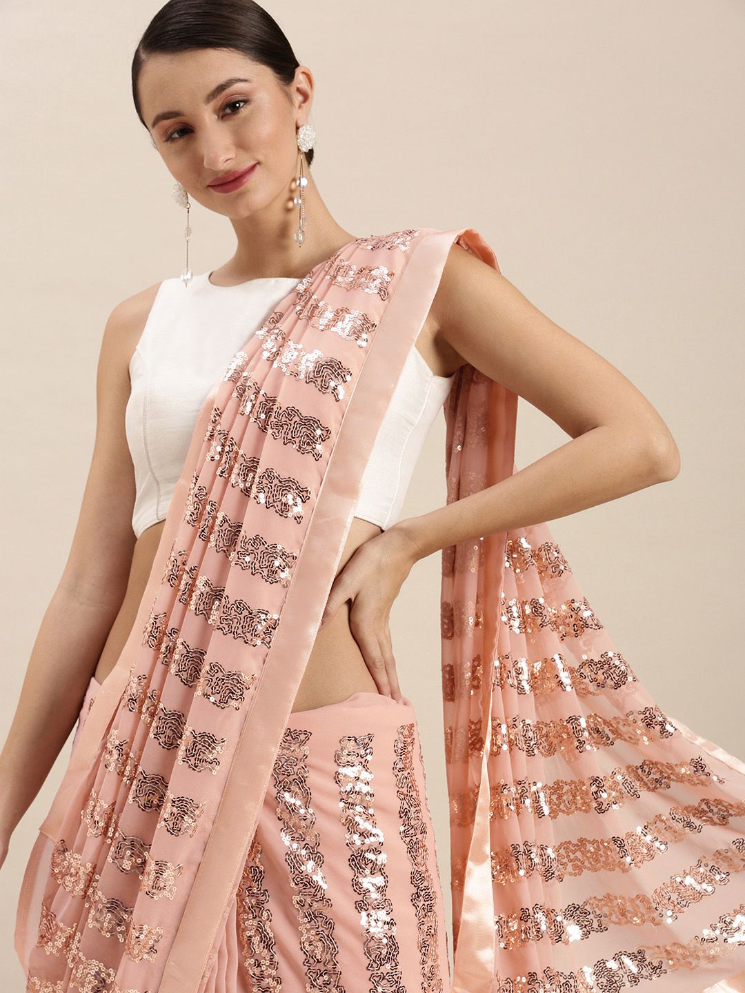 VASTRANAND Peach-Coloured Embellished Sequinned Saree Price in India