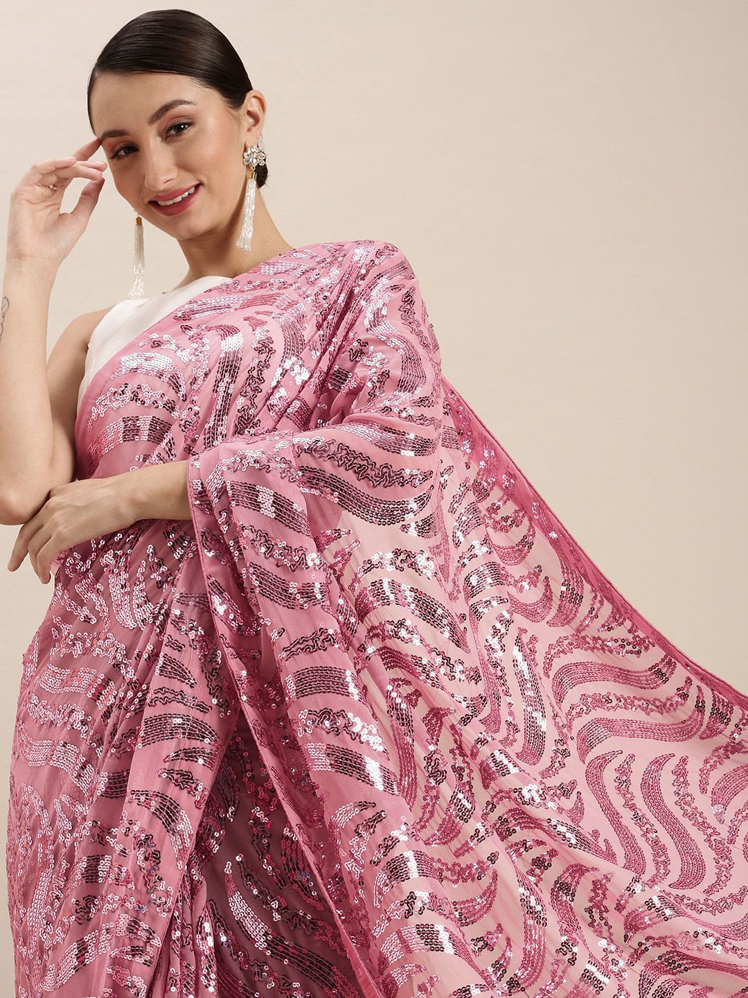 VASTRANAND Pink Embellished Sequinned Saree Price in India