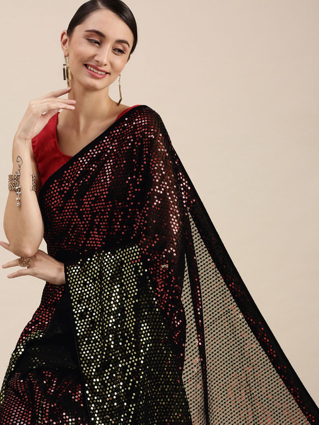VASTRANAND Red & Gold-Toned Embellished Sequinned Saree Price in India