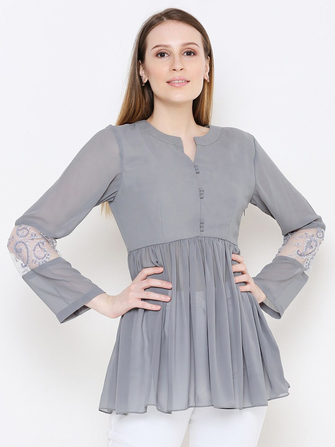 aturabi Grey Embellished Pure Georgette Pleated Kurti