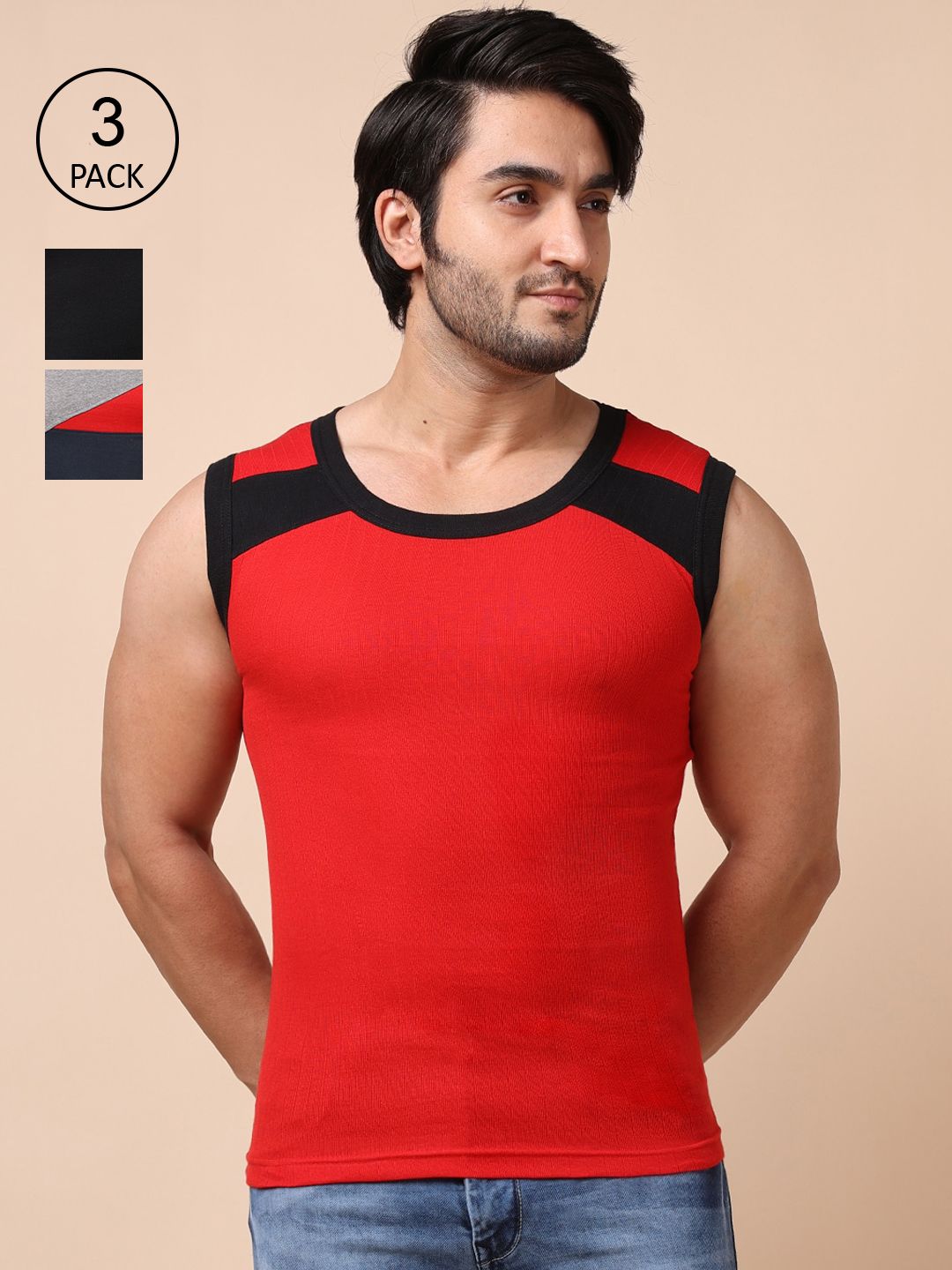 Dollar Bigboss Men Solid Pack of 3 Cotton Racerback Styled Gym Vest