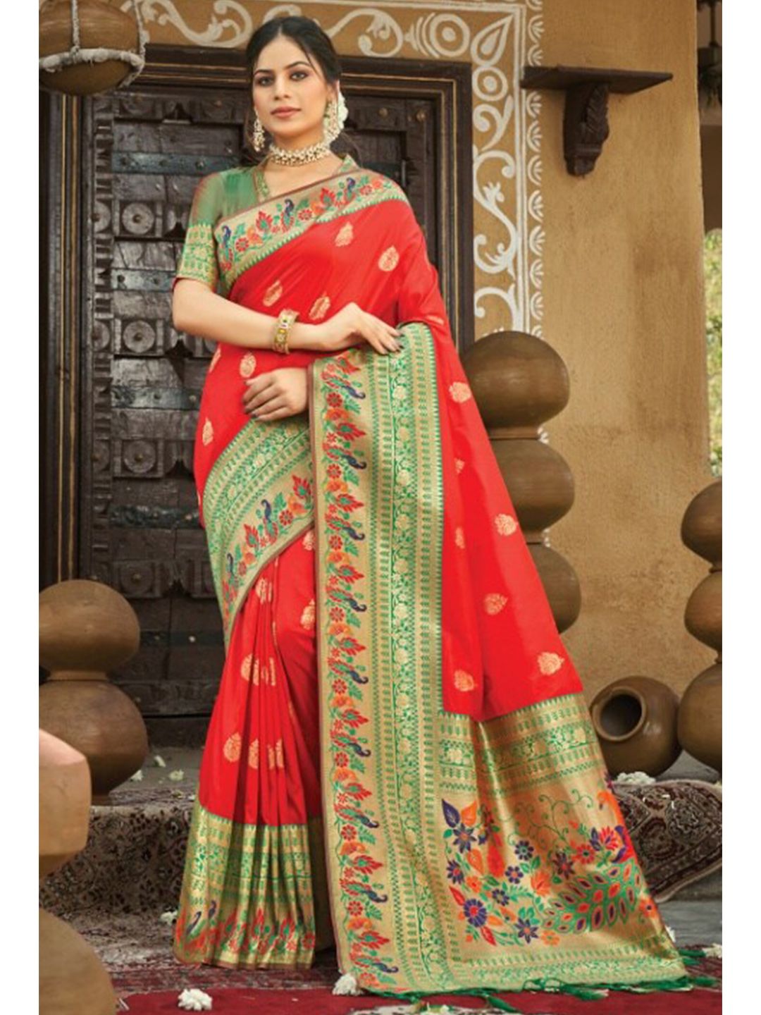 KARAGIRI Red & Green Woven Design Zari Silk Blend Paithani Saree Price in India