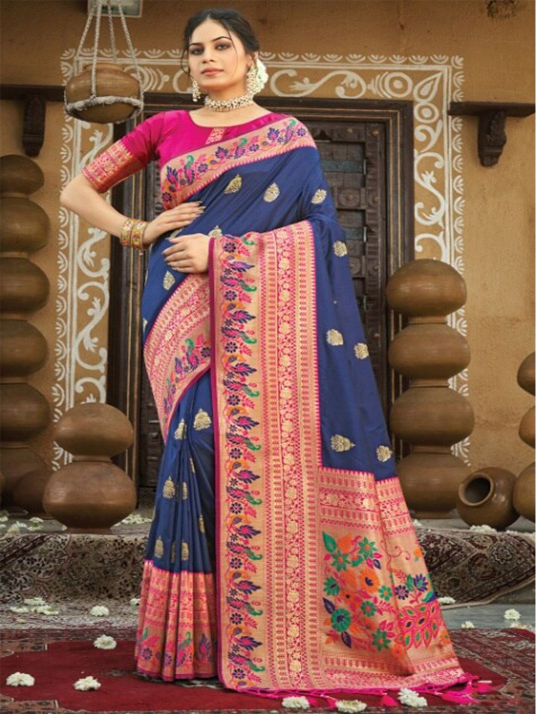 KARAGIRI Blue & Pink Woven Design Zari Silk Blend Paithani Saree Price in India