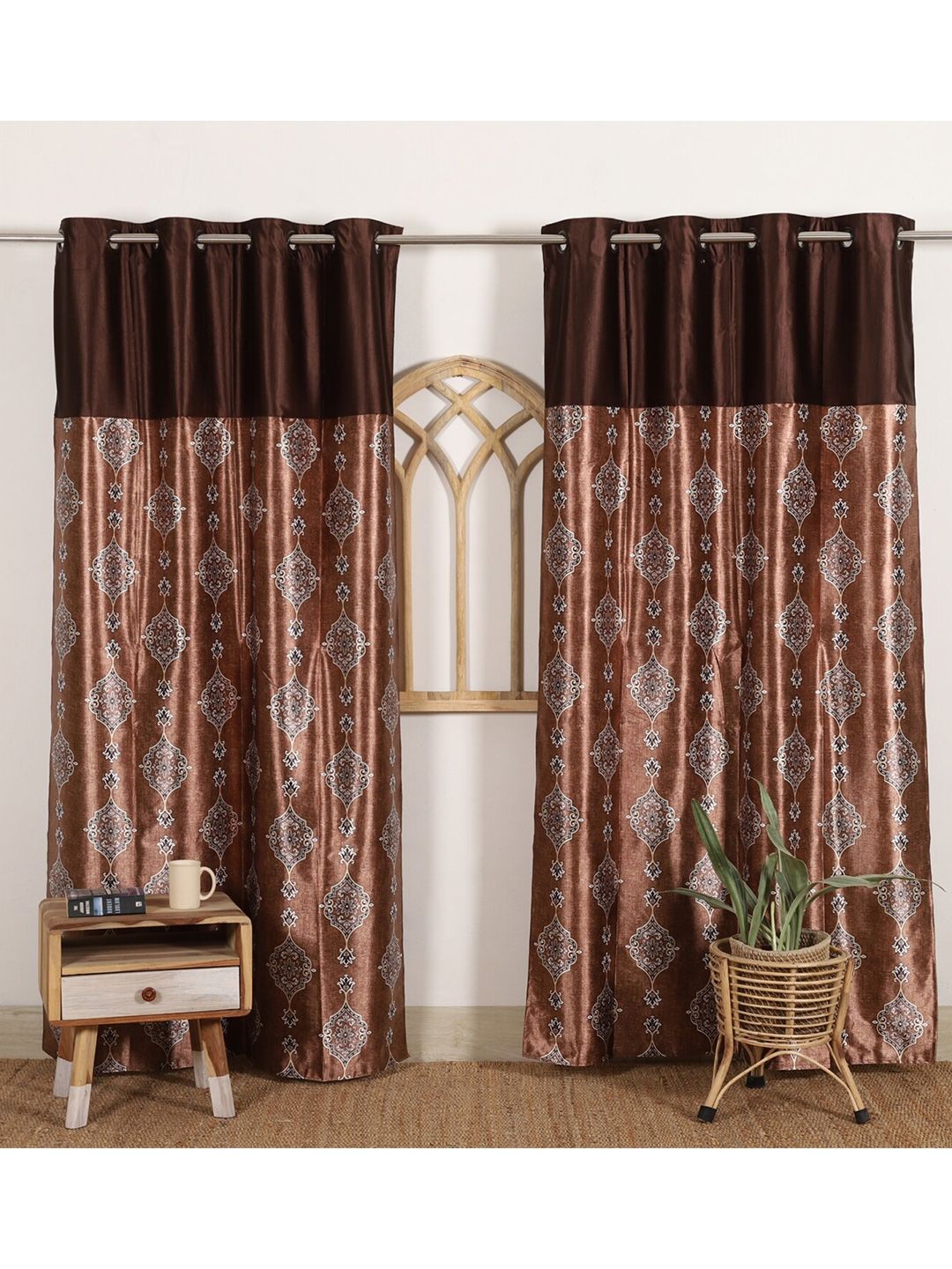 HANDICRAFT PALACE Set of 2 Brown & White Floral Black Out Door Curtain Price in India