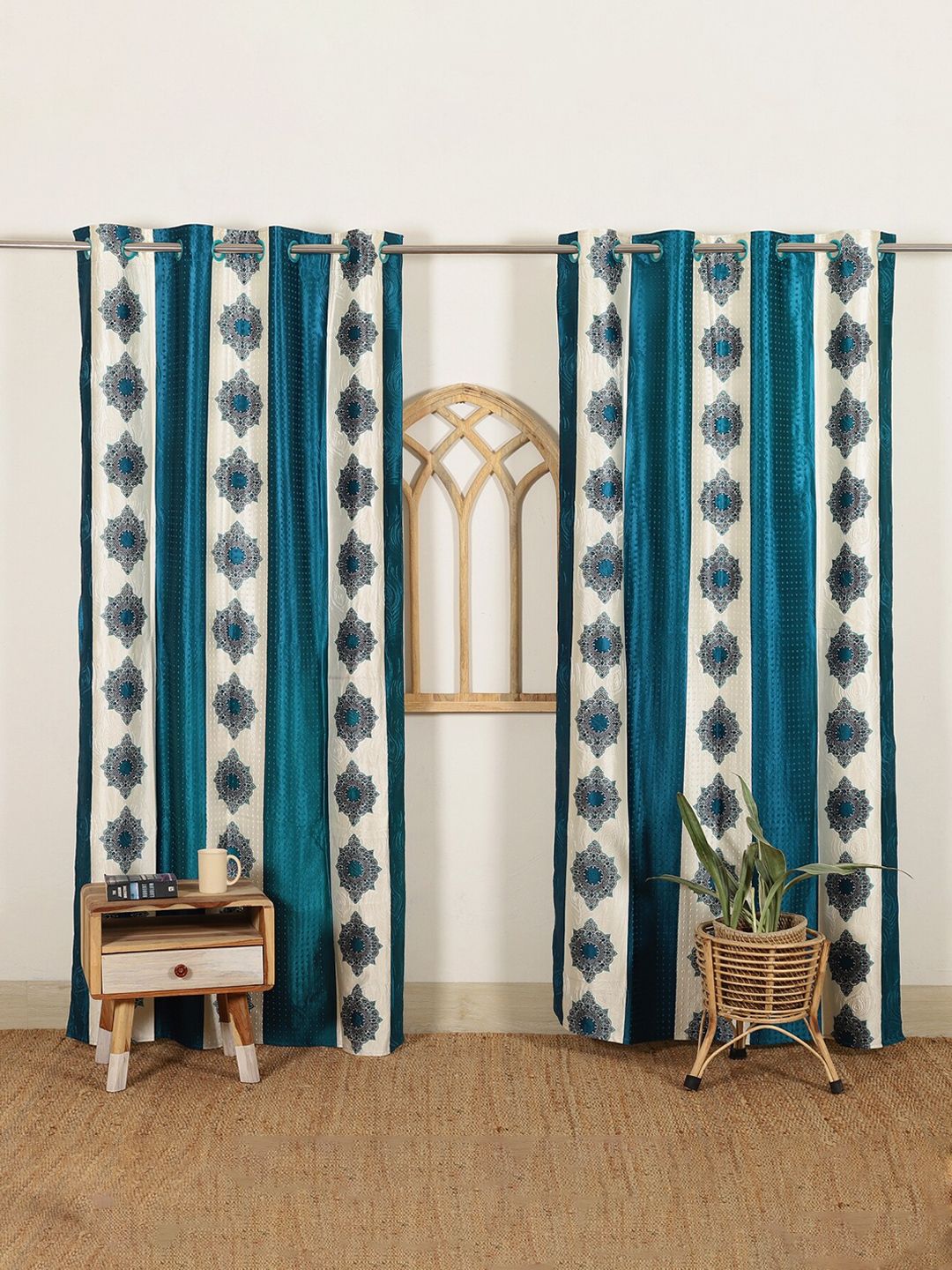 HANDICRAFT PALACE Turquoise Blue & White Set of 2 Floral Black Out Door Curtain Price in India