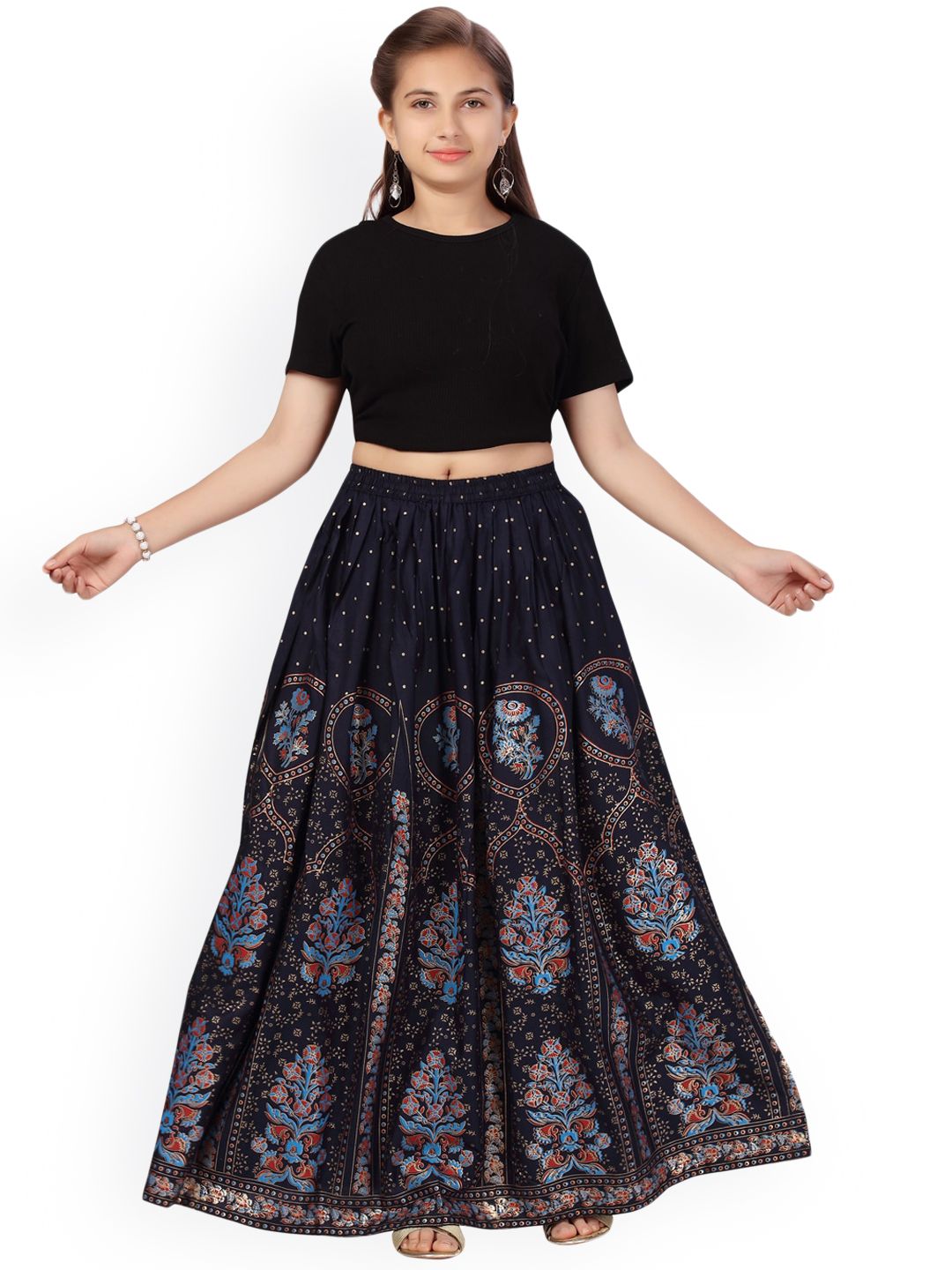 Aarika Girls Navy Blue Printed Maxi Skirts