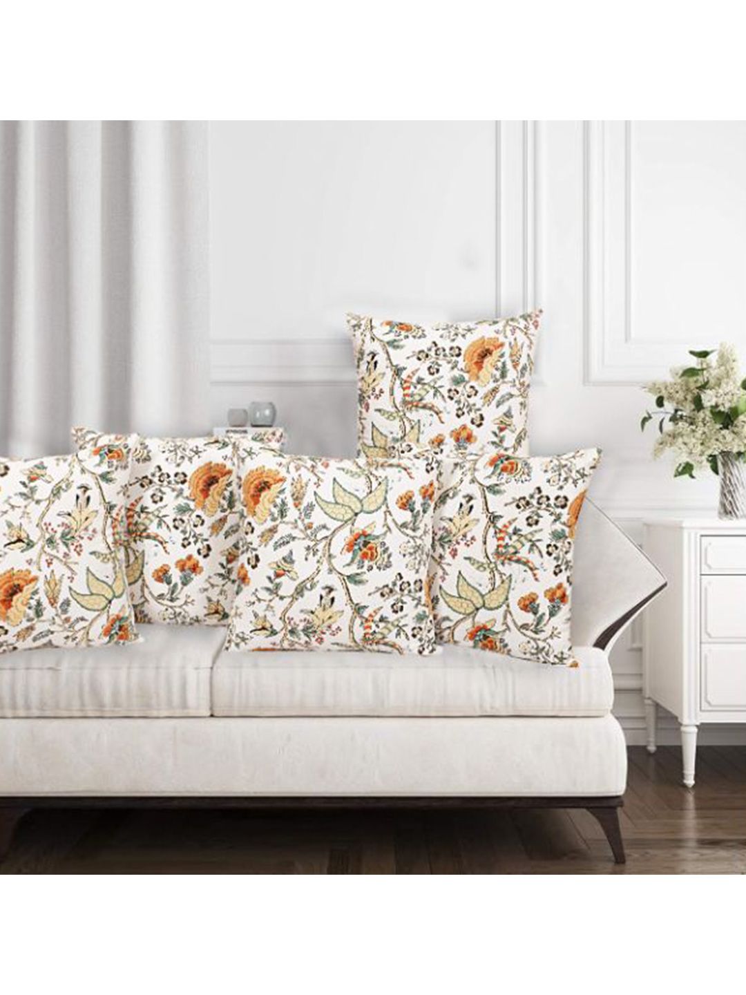 INDHOME LIFE Cream-Coloured & Orange Set of 5 Floral Square Cushion Covers Price in India