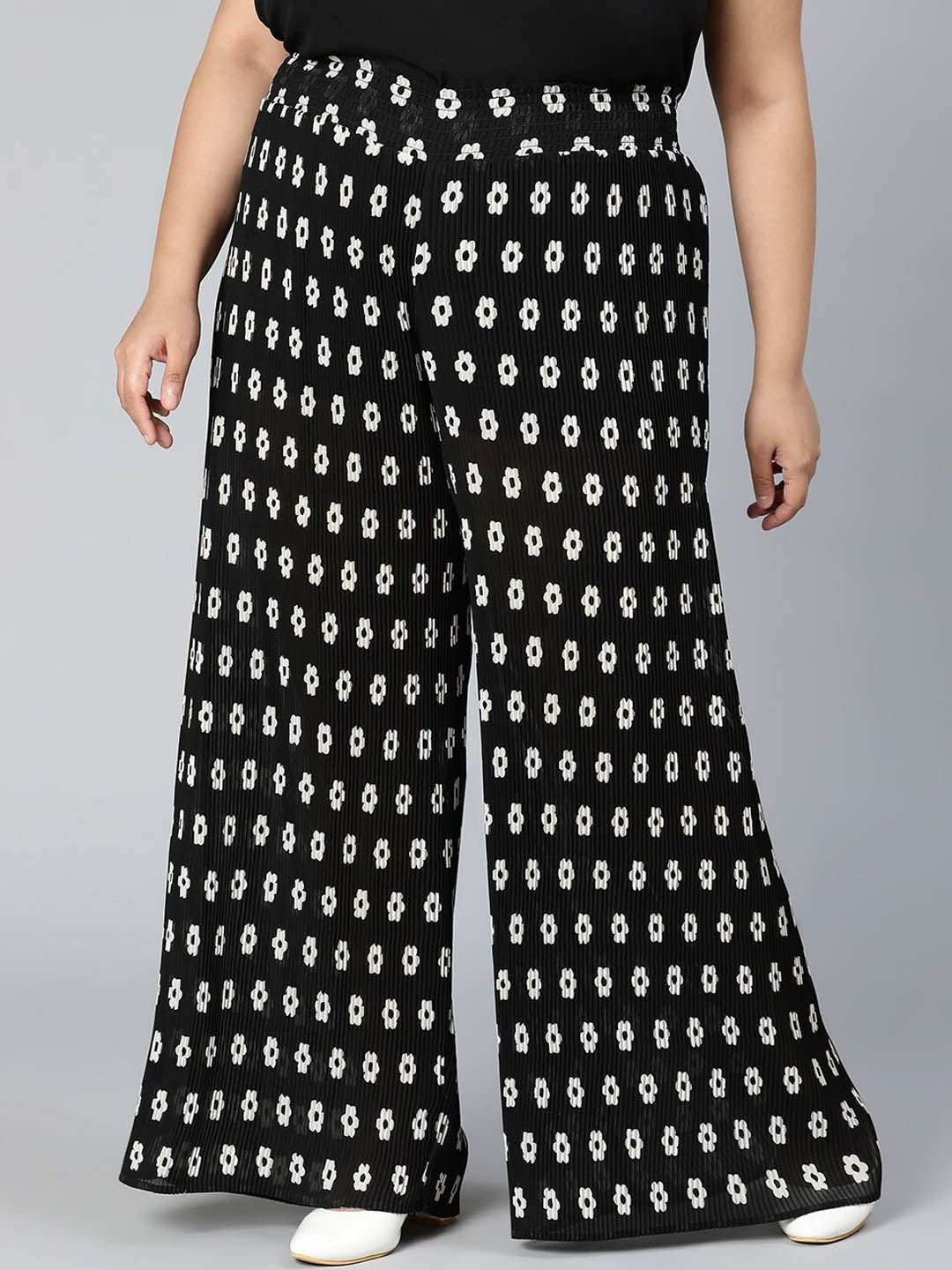 Oxolloxo Women Black Printed Trousers Price in India