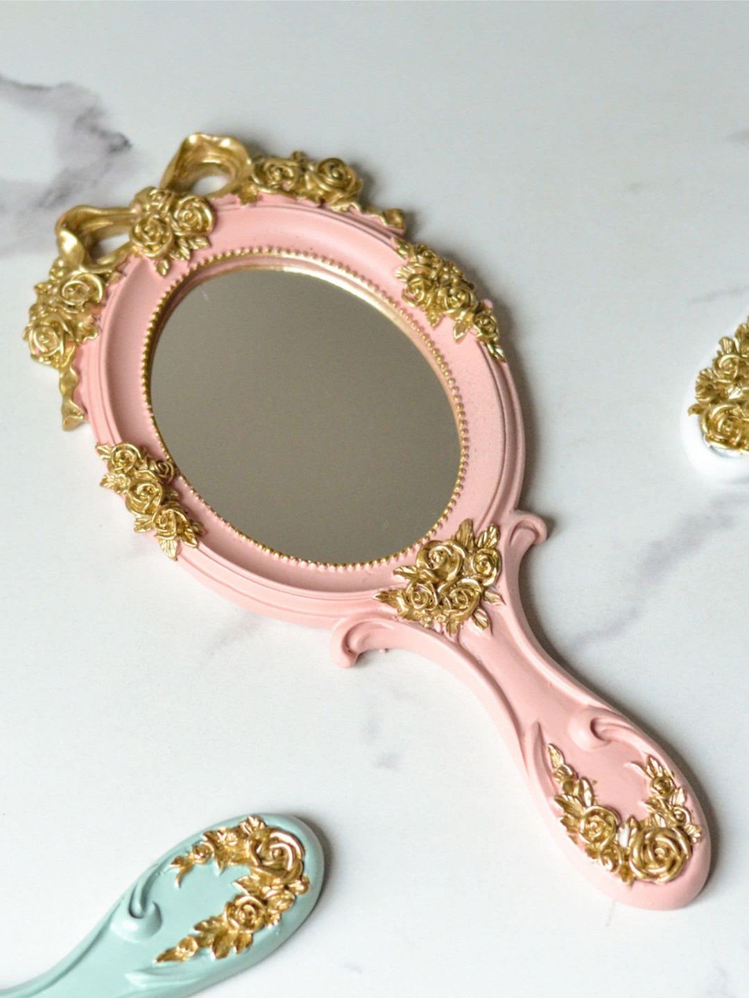Buy Nestasia Pink & Gold-Toned Textured Handheld Mirror - Mirrors