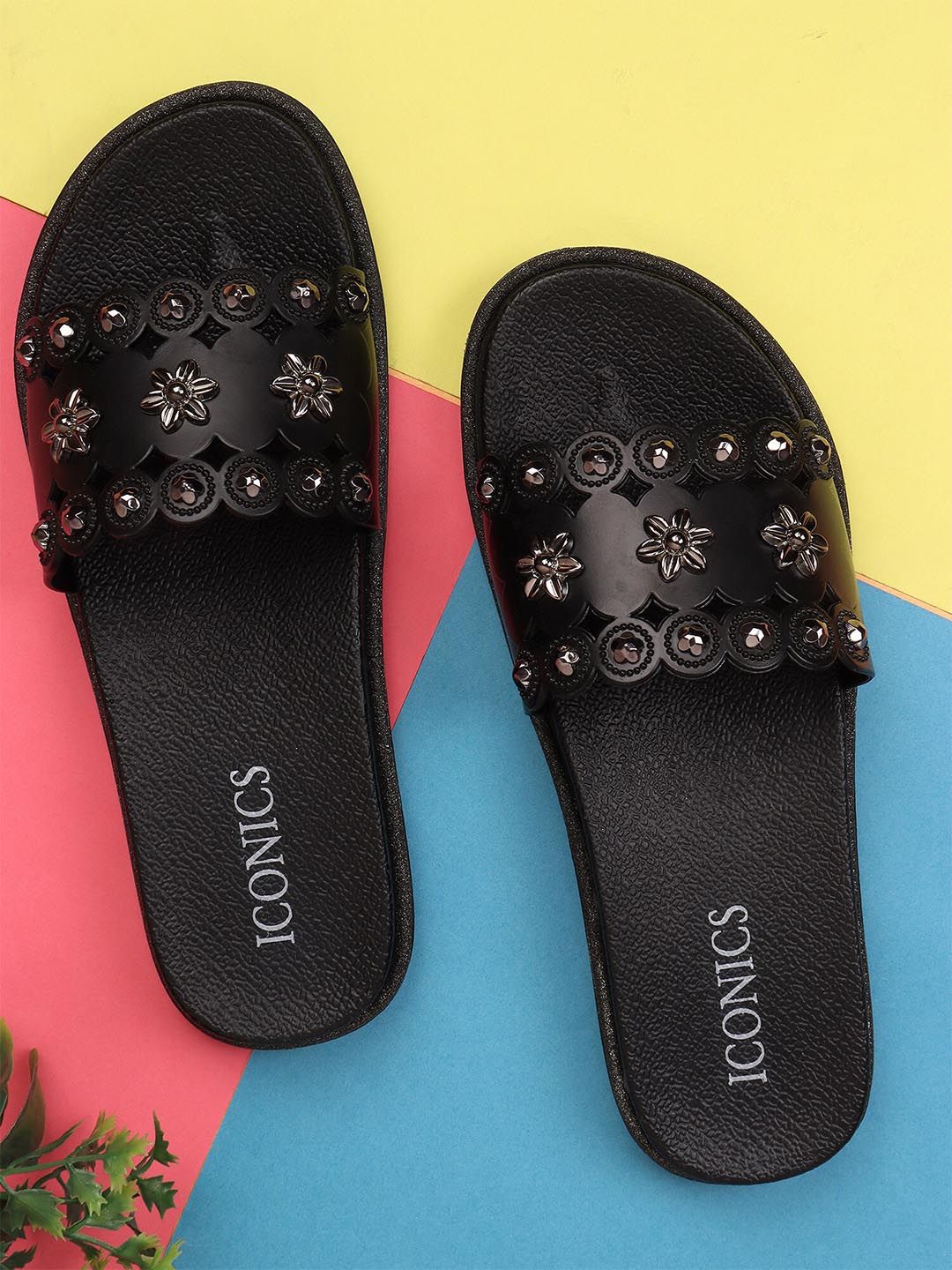 ICONICS Women Black Embellished Sliders Price in India