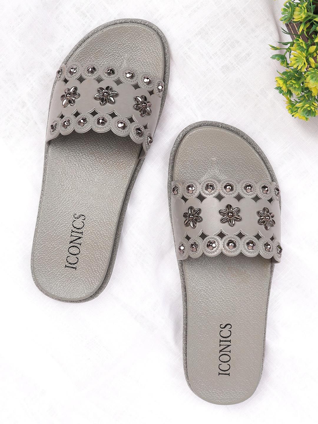 ICONICS Women Grey Embellished Sliders Price in India