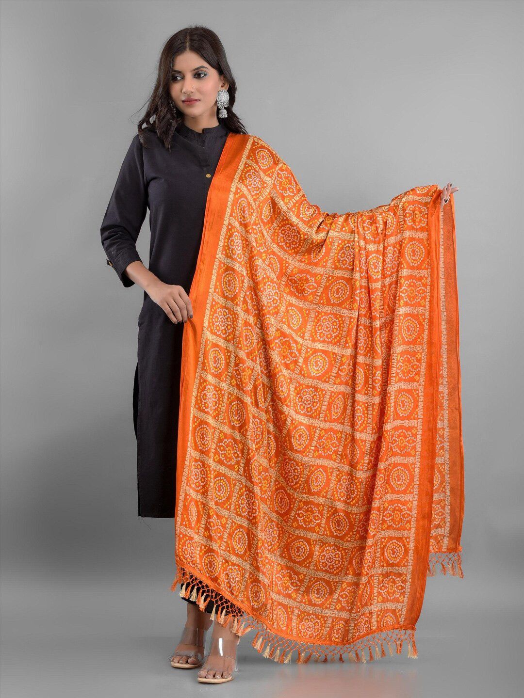 Apratim women's Orange & White Printed Bandhani Dupatta Price in India