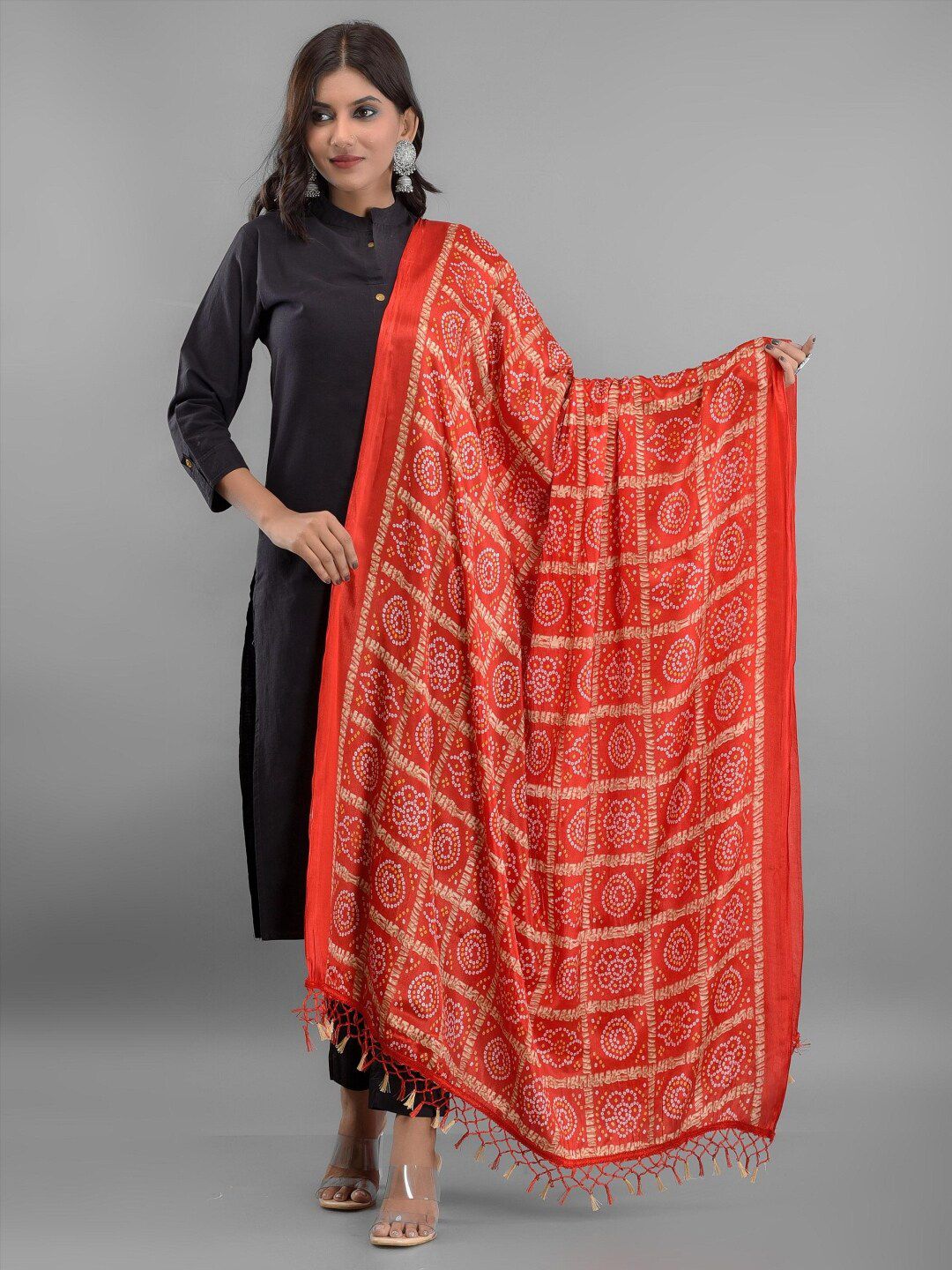 Apratim Women Red & White Printed Bandhani Dupatta Price in India