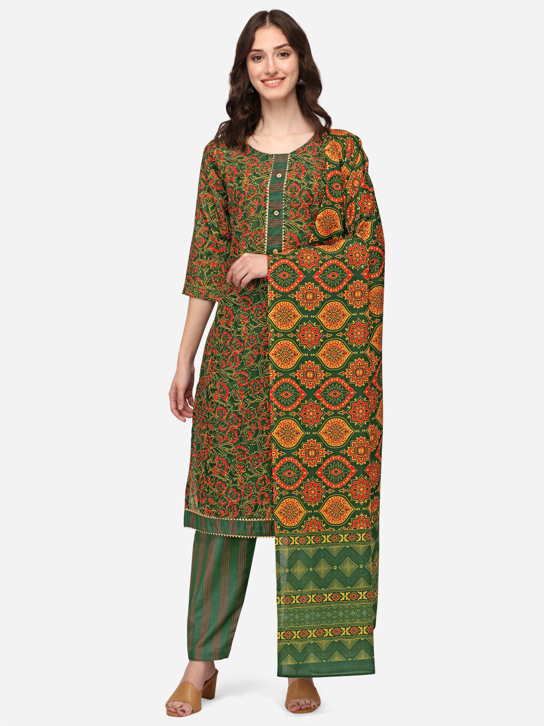 LEWAWAA womens Green & Yellow Printed Unstitched Dress Material Price in India