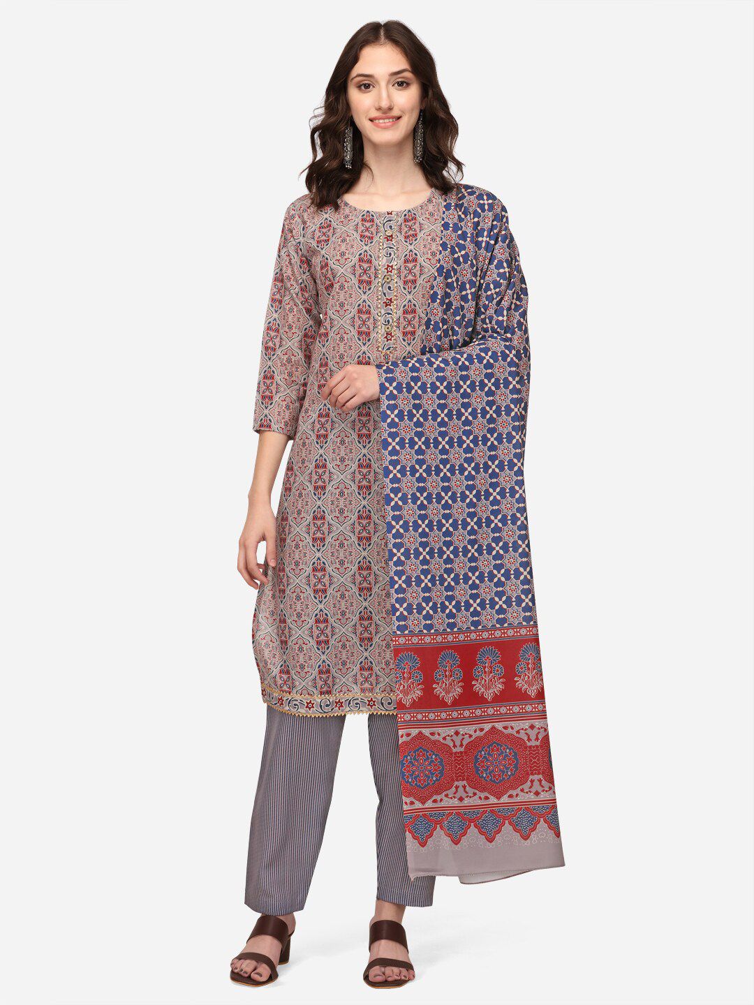 LEWAWAA Grey & Maroon Printed Unstitched Dress Material Price in India