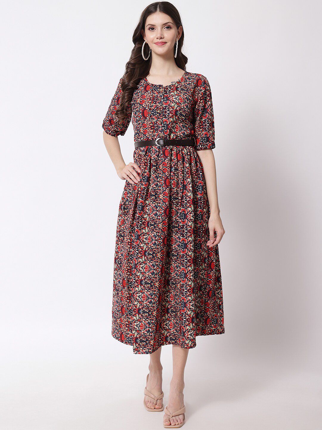 VAANI CREATION Maroon Floral Midi Dress Price in India