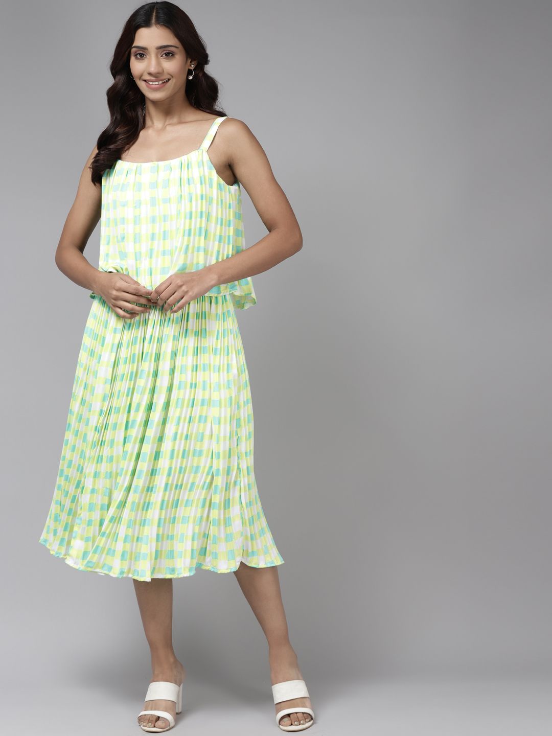 Aarika Green & White Checked Georgette A-Line Midi Dress Price in India