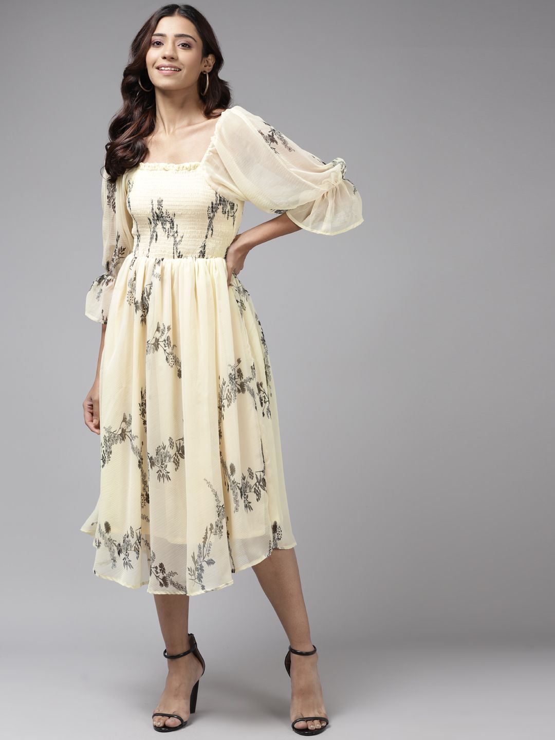 Aarika Lavender Yellow & Taupe Floral Printed Smocked A-Line Flared Midi Dress Price in India