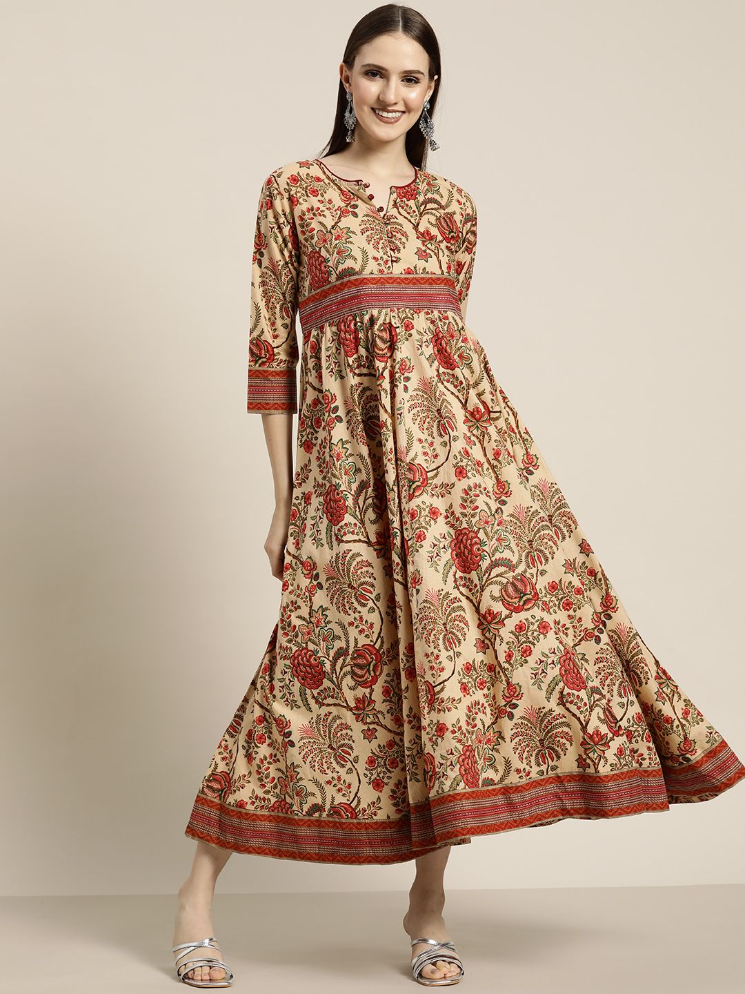 Rain & Rainbow Beige & Rust Floral Ethnic Cotton A-Line Midi Dress Price in India