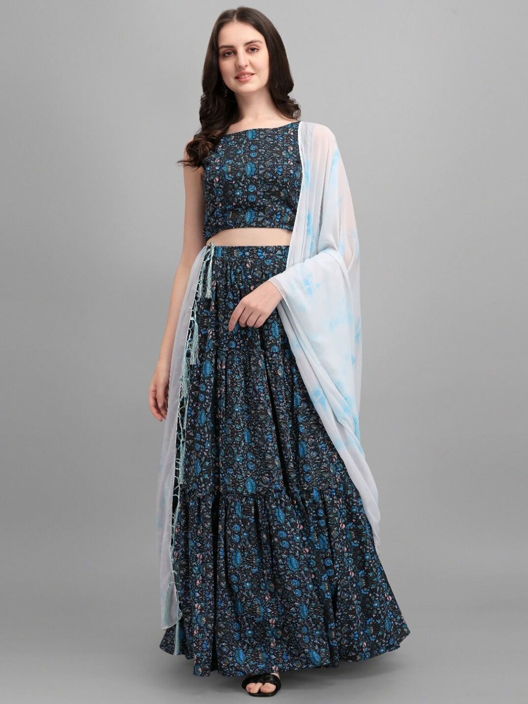 VAANI CREATION Women Navy Blue Printed Tie and Dye Unstitched Lehenga Choli With Dupatta Price in India