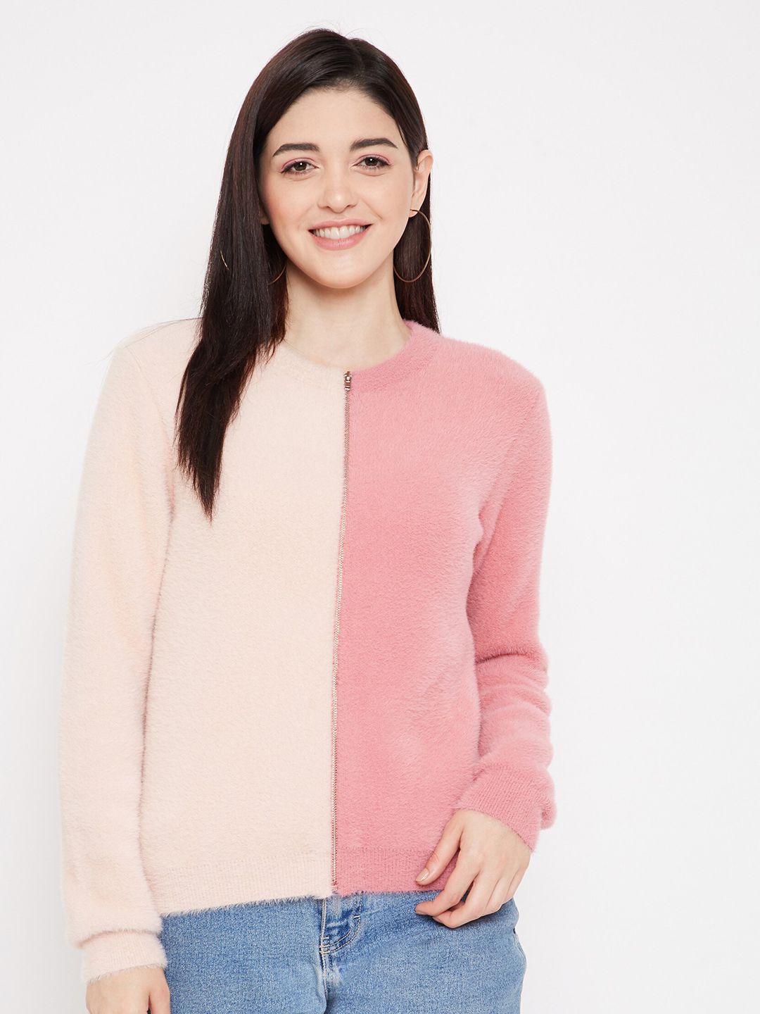 Madame Women Rose Gold & Cream-Coloured Colourblocked Pullover Price in India