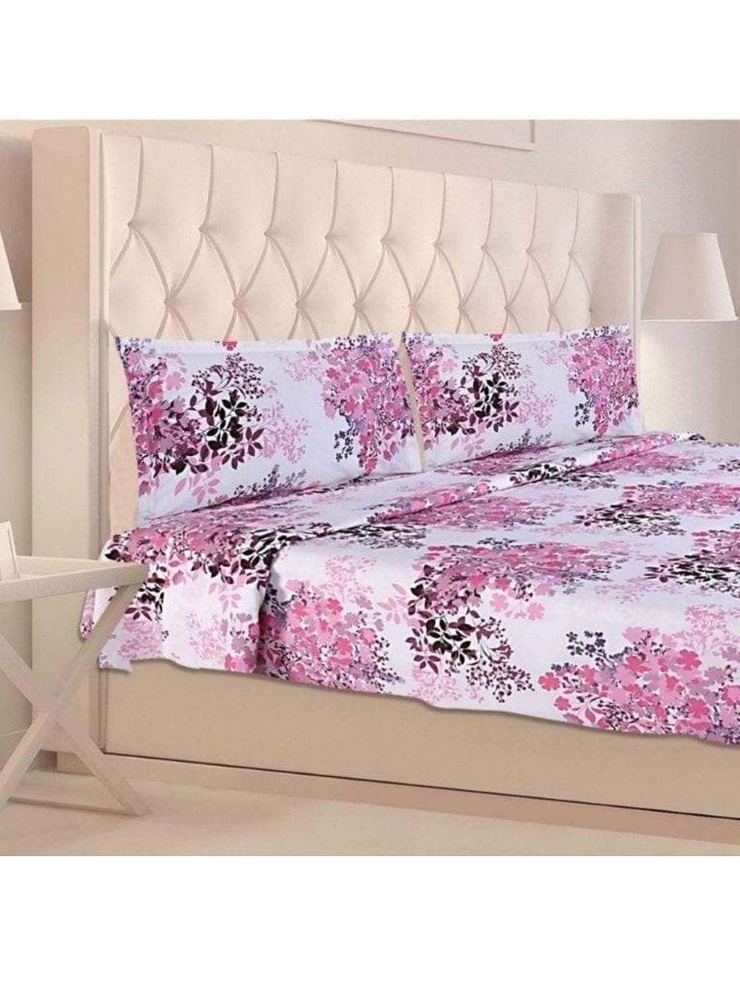 haus & kinder Pink & White Floral 186 TC King Bedsheet with 2 Pillow Covers Price in India