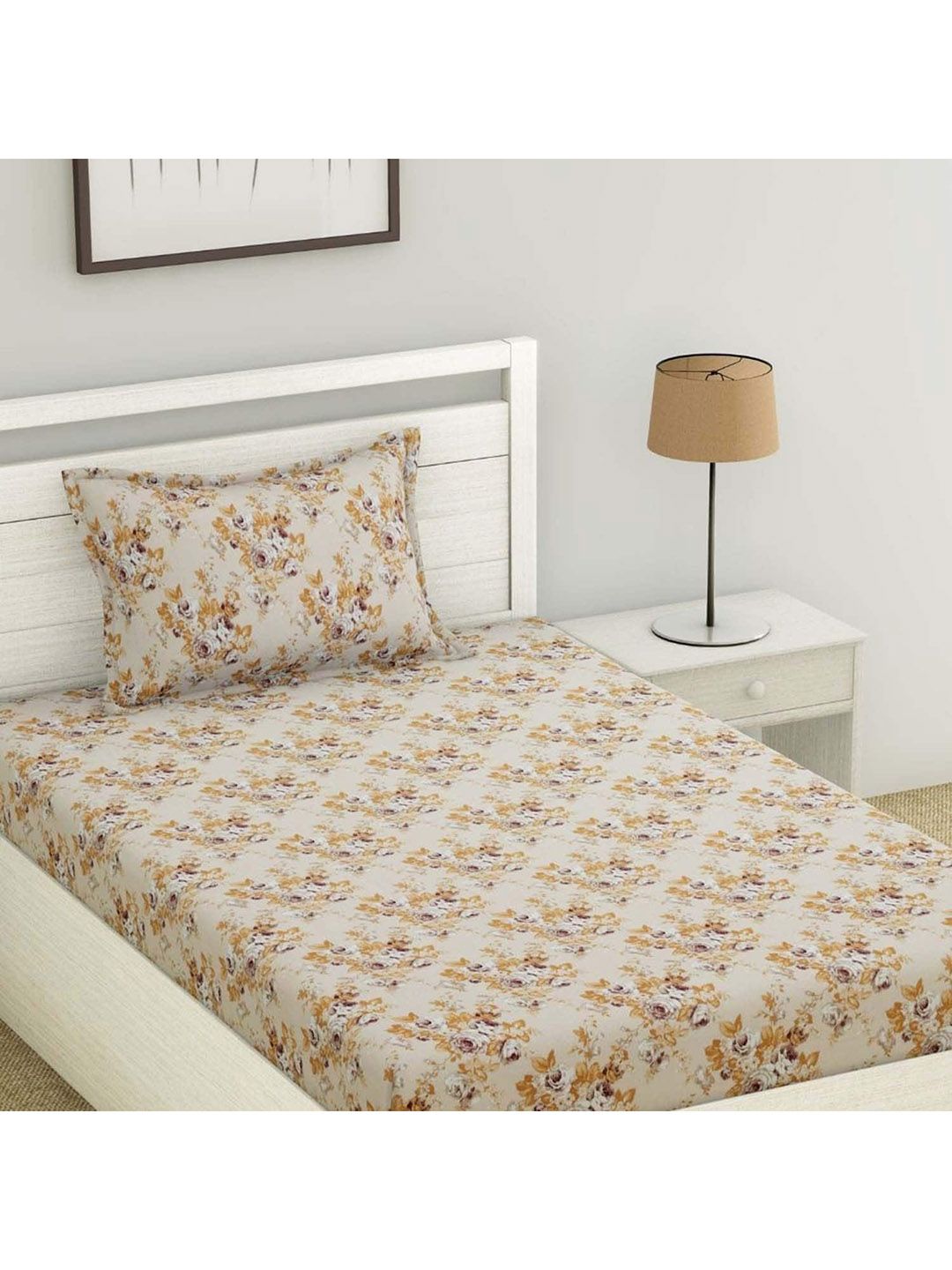 haus & kinder Taupe & White Floral 186 TC Cotton Single Bedsheet with 1 Pillow Covers Price in India