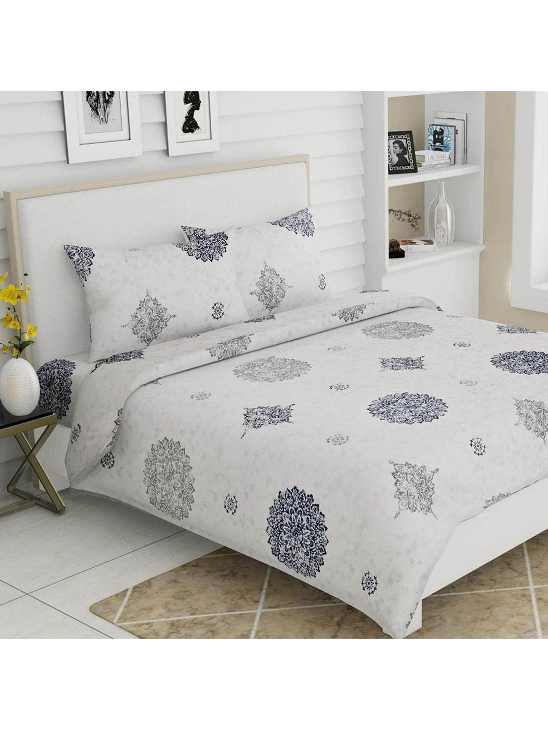 haus & kinder White & Blue Floral 300 TC King Bedsheet with 2 Pillow Covers Price in India