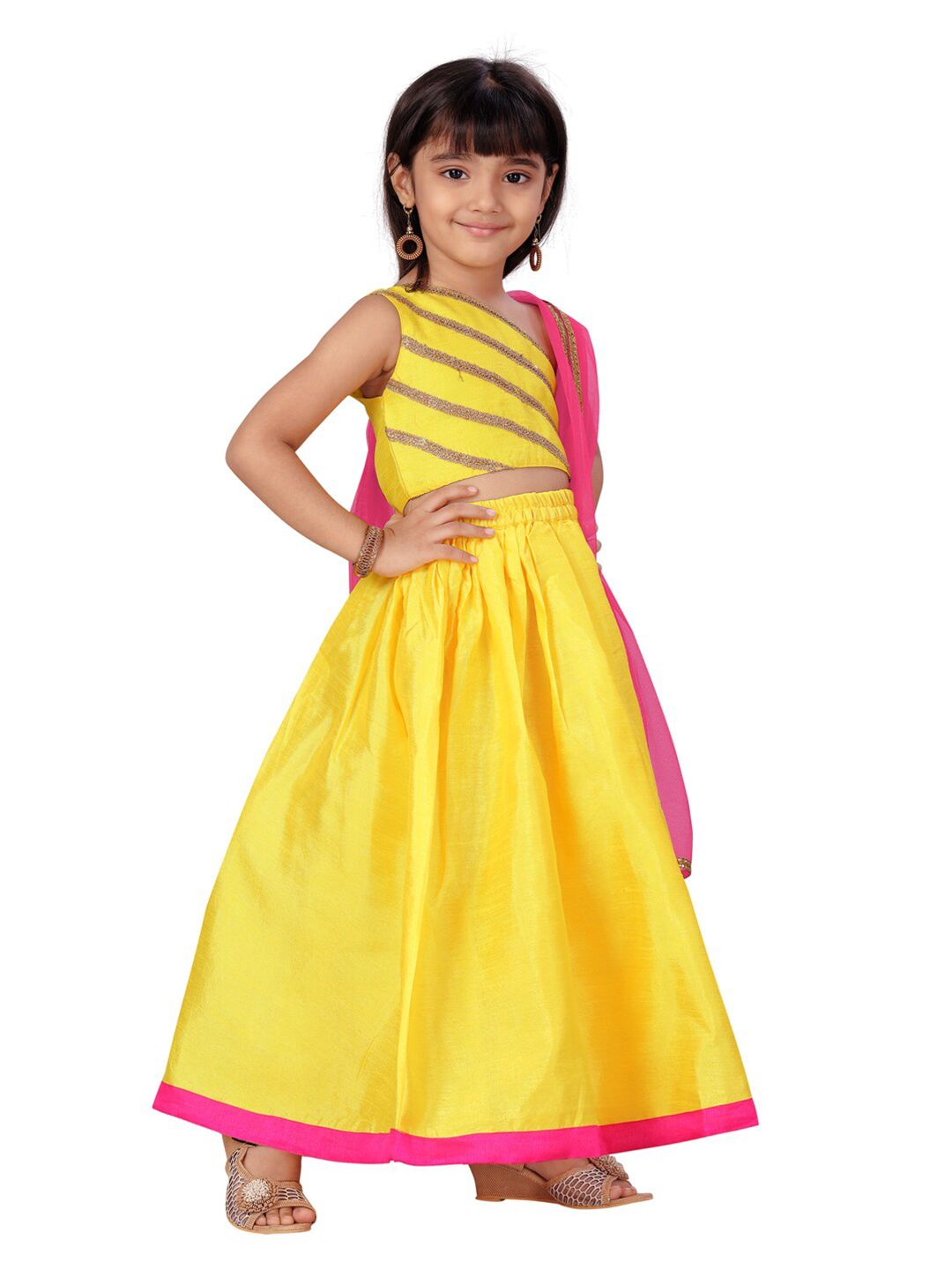 Aarika Girls Yellow & Pink Embellished Ready to Wear Lehenga Choli Price in India