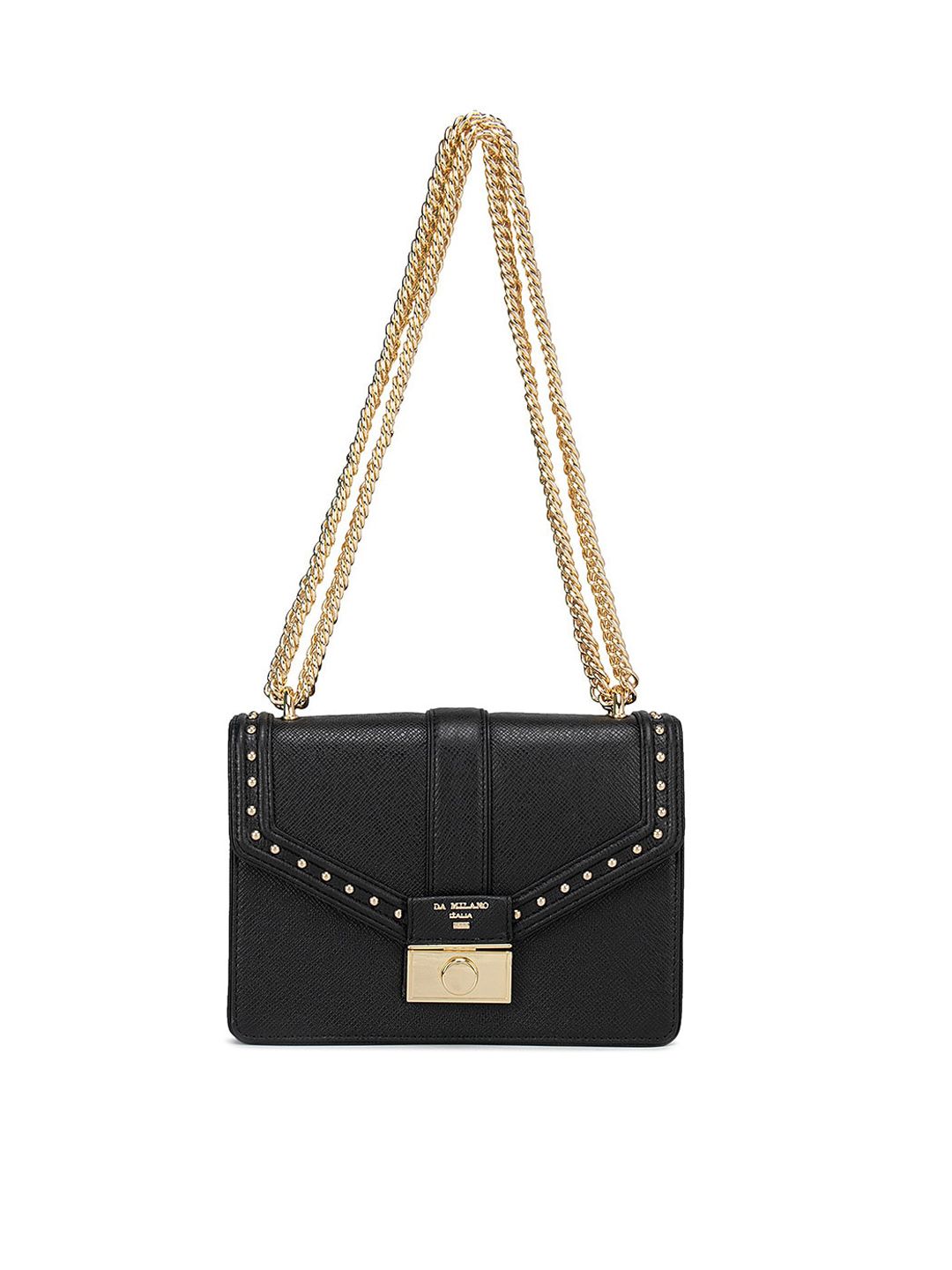 Da Milano Black Textured Leather Structured Shoulder Bag Price in India