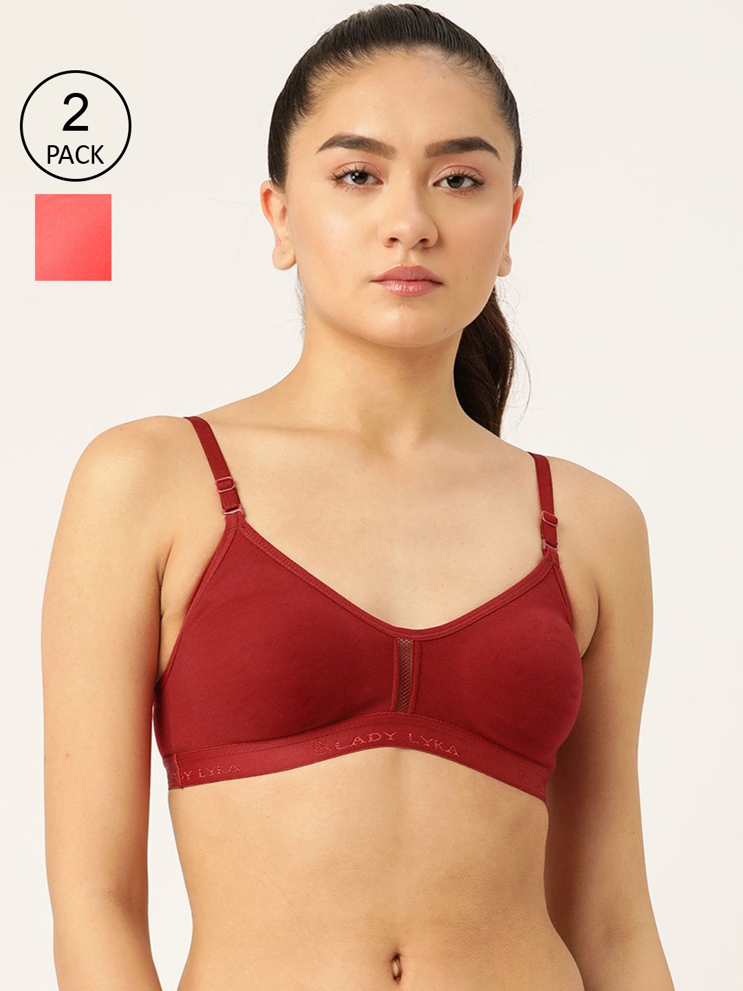 Lady Lyka Women's Set Of 2 Maroon & Coral Cotton Push-Up Bra