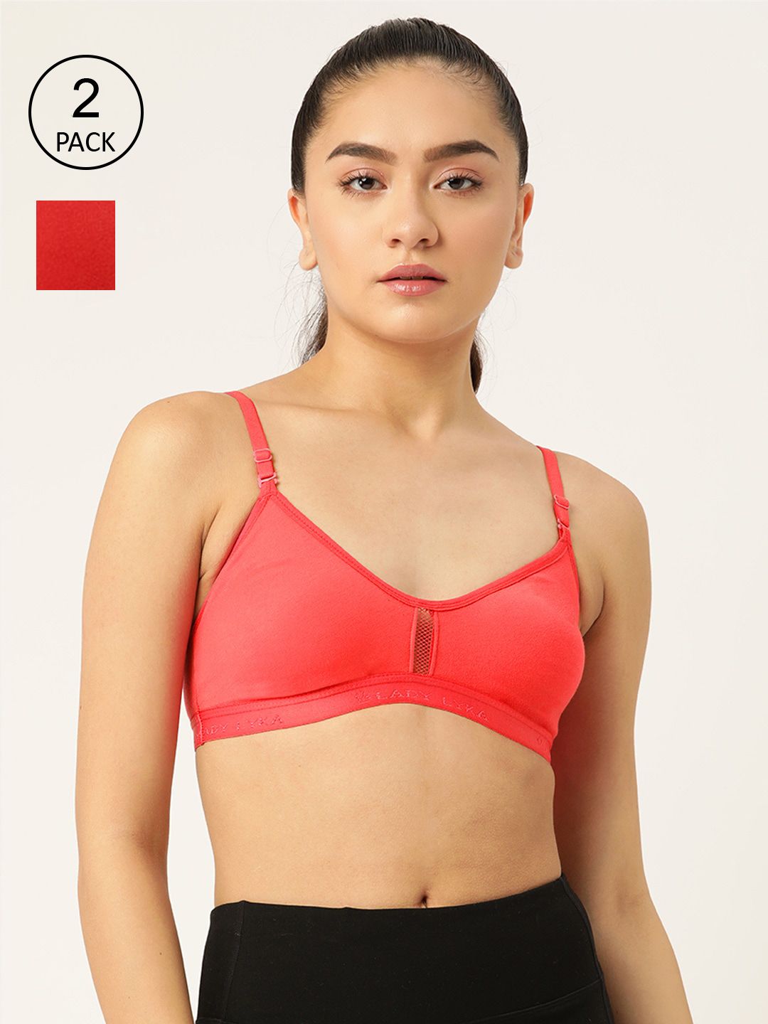 Lady Lyka Women Peach & Red Set Of 2 Solid Sports Bra