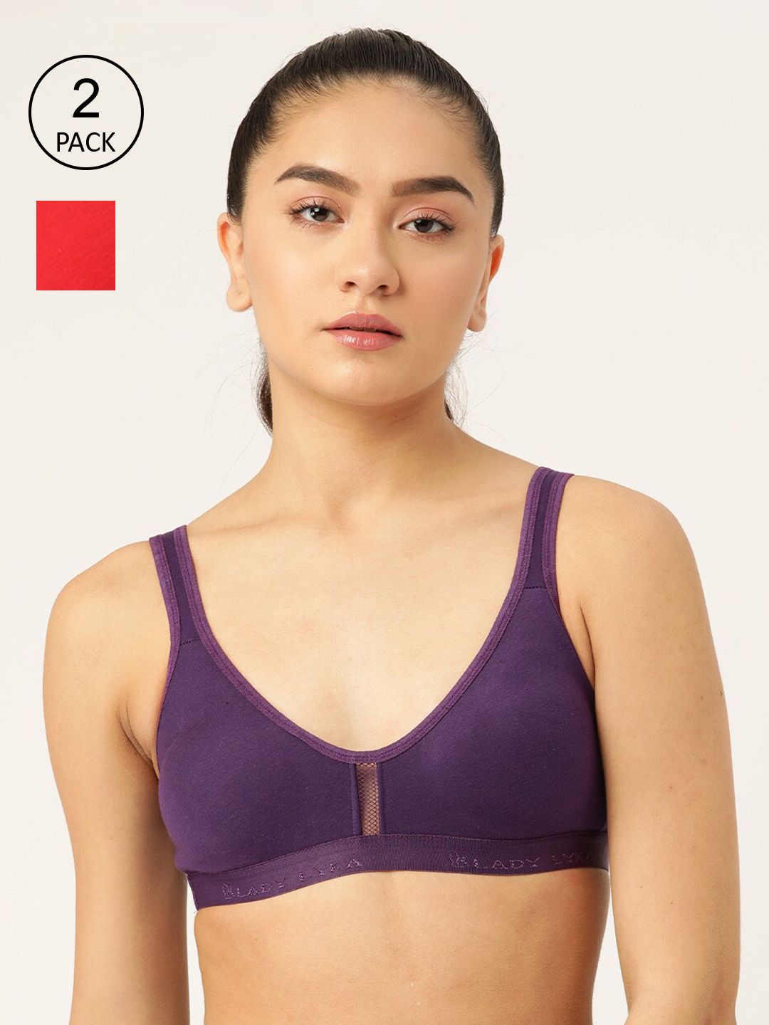 Lady Lyka Set of 2 Purple & Red Solid Cotton Sports Bra Price in India