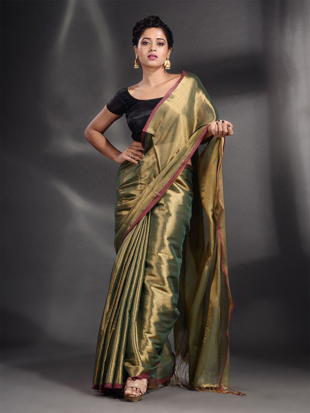 Arhi Gold-Toned & Purple Woven Design Zari Tissue Saree Price in India