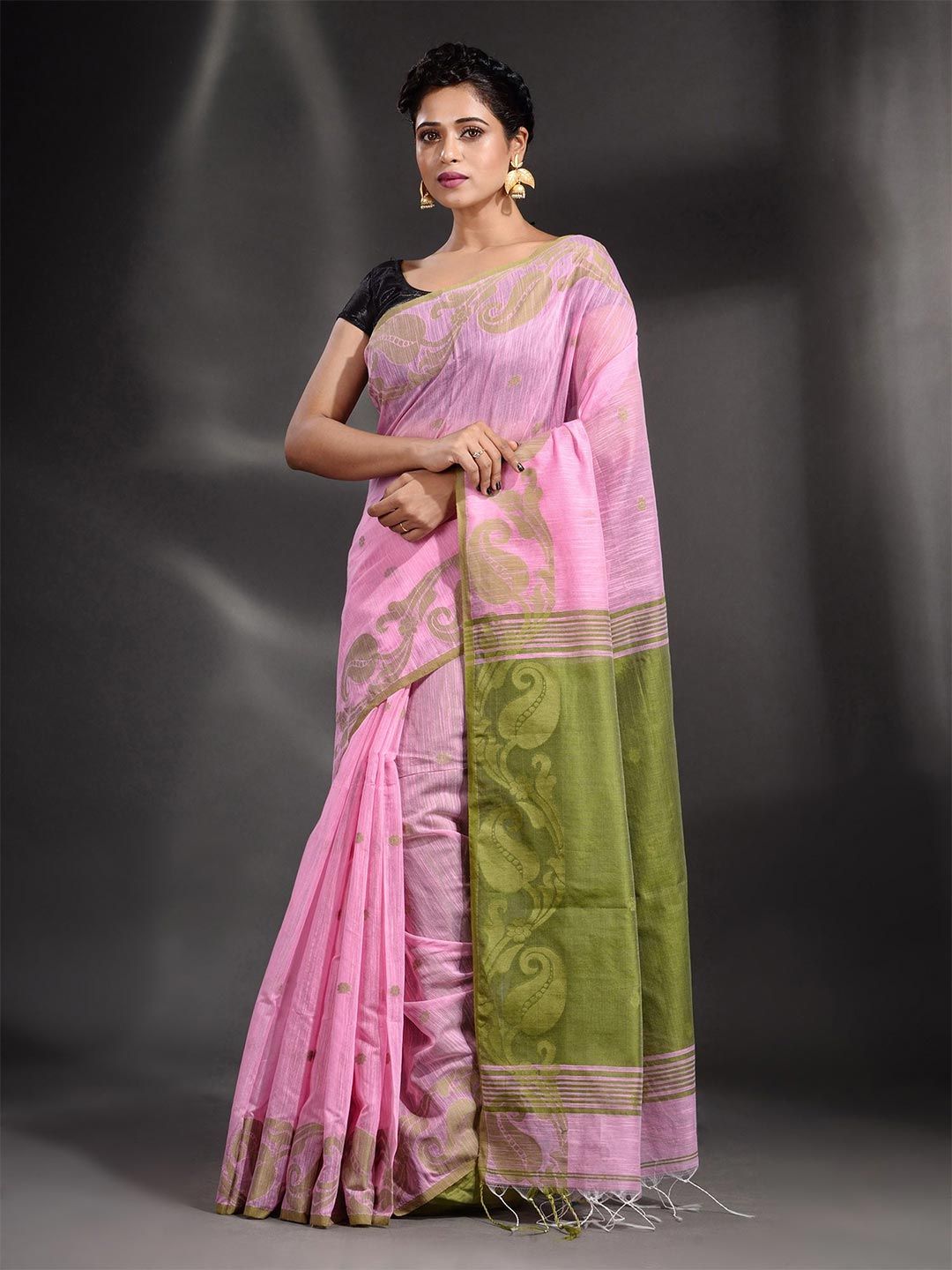 Arhi Women Pink & Green Woven Design Pure Cotton Saree Price in India