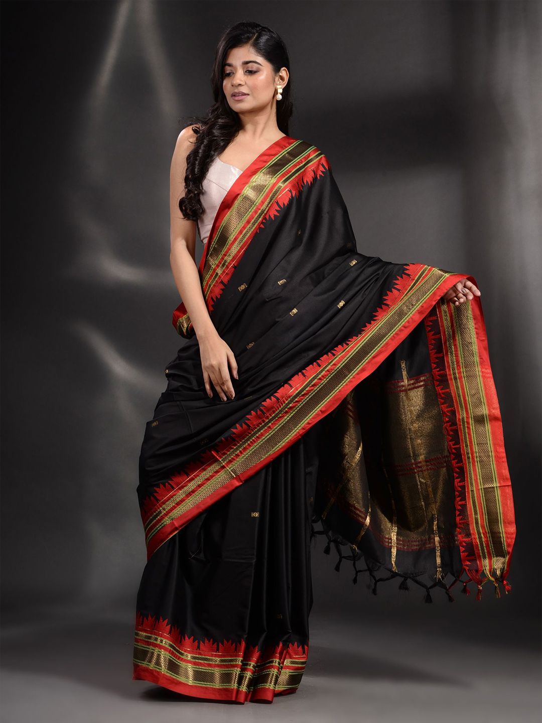 Arhi Black & Red Woven Design Zari Pure Silk Saree Price in India