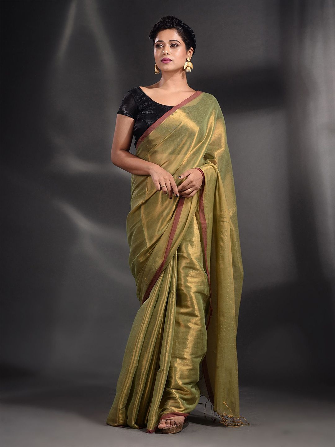 Arhi Women  Green & Maroon Tissue Saree  with blouse piece Price in India
