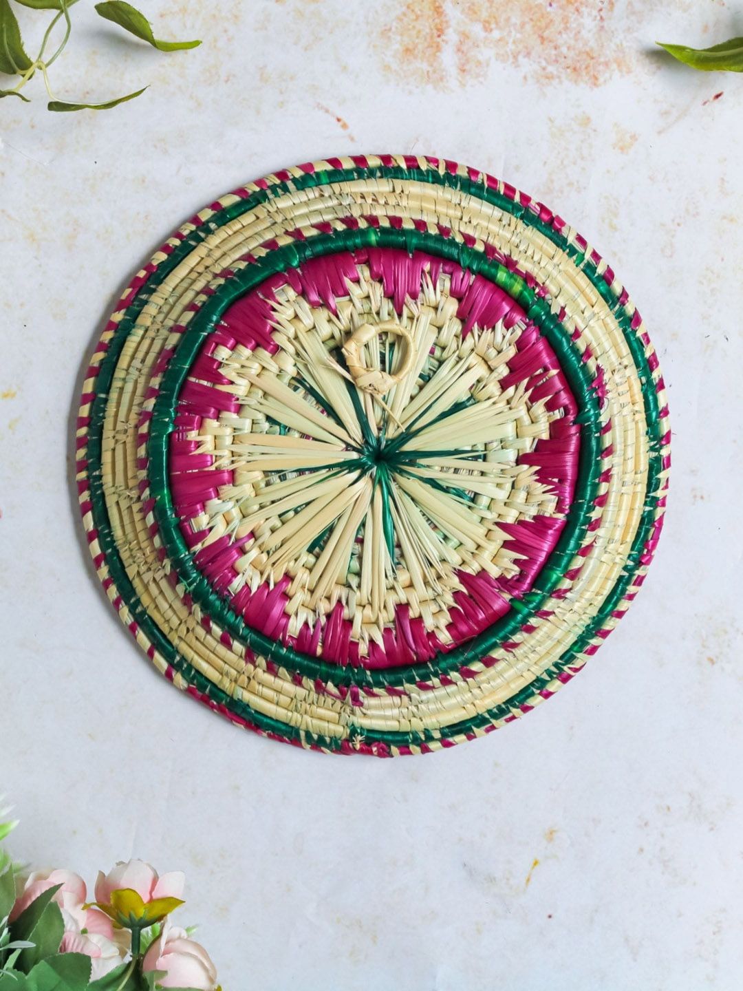 Nestasia Pink & Green Weaved Design Moonj Wall Plate Price in India