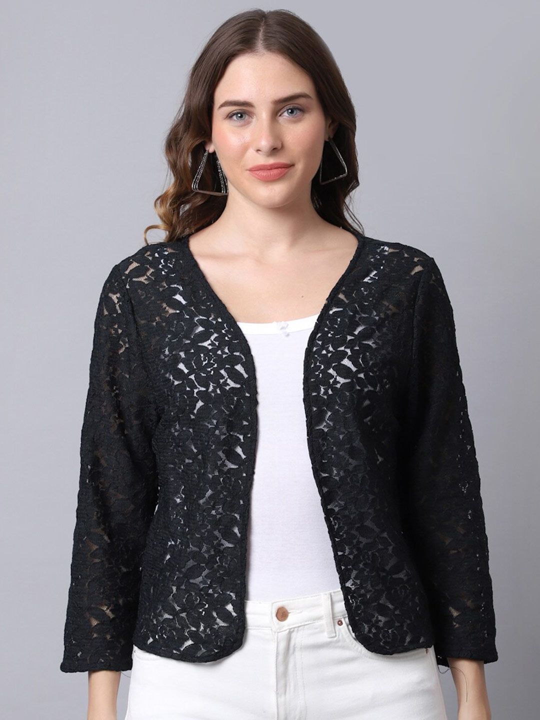 UnaOne Women Black Open Front Crop Shrug