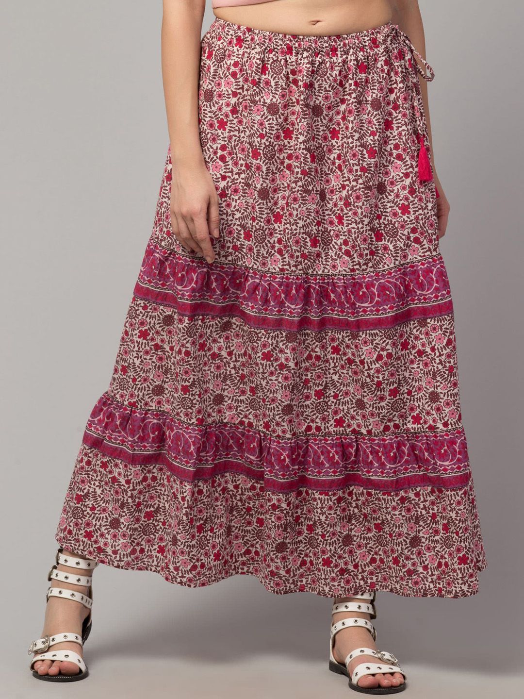 Hive91 Women Maroon Floral Printed Tiered Maxi Skirts